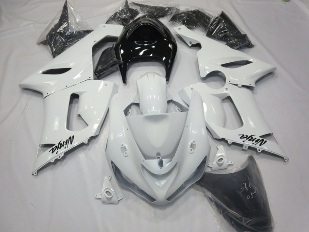 05-06 Blanc Brillant Avec Queue Noire Kawasaki ZX6R Carénage Moto 05-06 Blanc Brillant Avec Queue Noire Kawasaki ZX6R Carénage Moto