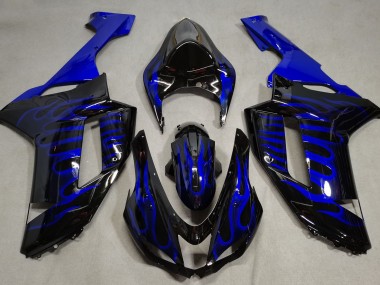 07-08 Noir Brillant & Bleu Flamme Kawasaki ZX6R Carénage Moto